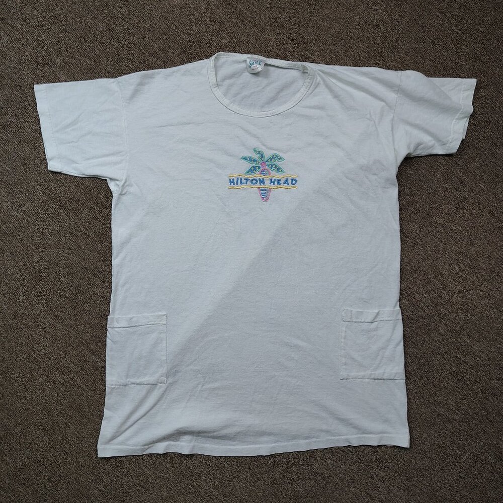 Vintage HILTON HEAD T-Shirt Adult OSFA White Palm Tree Embroidered Pockets